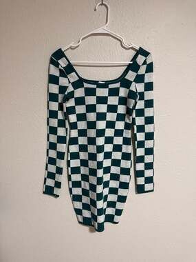 Princess Polly Green and White Checkered Knit Mini Dress